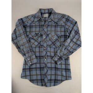 Size S Vintage 70s JC Penny MW Blue Plaid Button Up Shirt Work Chore Small